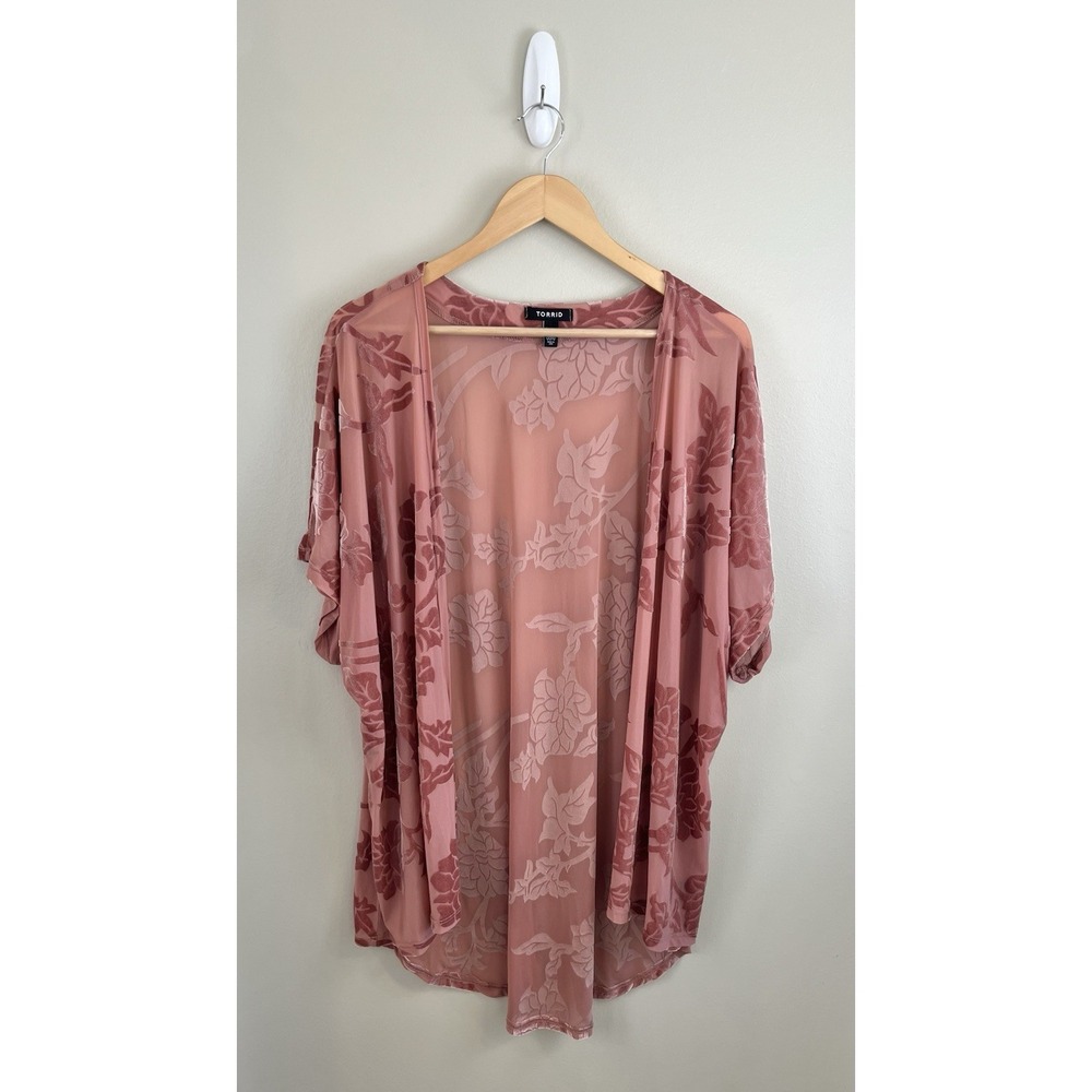 Torrid Lightweight Velvet Burnout Kimono Cardigan Pink Sz 0/00 (M/L) Made In USA